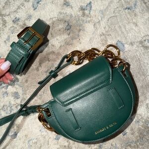Charles & Keith Forest Green Crossbody Bag with Gold Chain